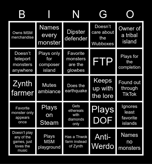 My Singing Monsters Bingo Card