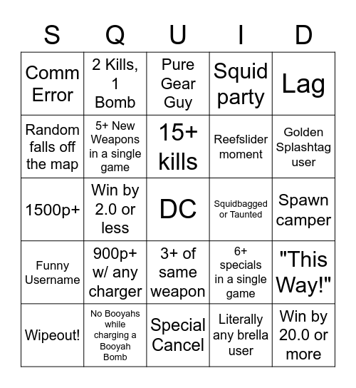 Splatoon 3 Turf War Bingo Card