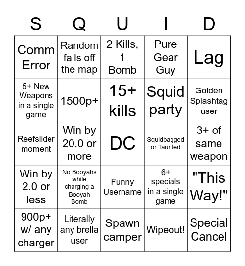 Splatoon 3 Turf War Bingo Card