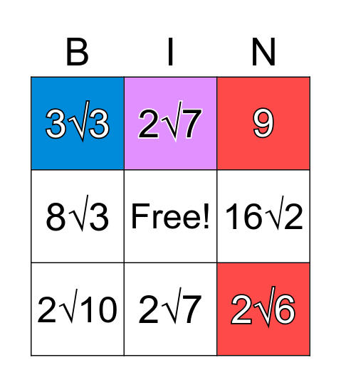Simplifying Radicals Bingo Card