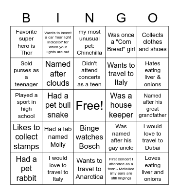 Villara Bingo Card