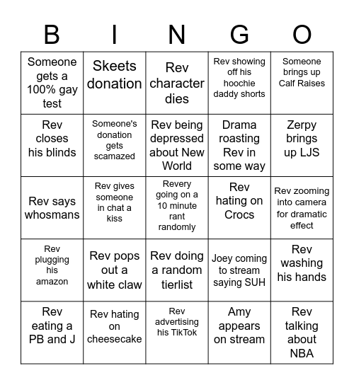 Revery Stream Bingo Card