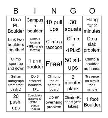 Climbing bingo PL = project level Bingo Card
