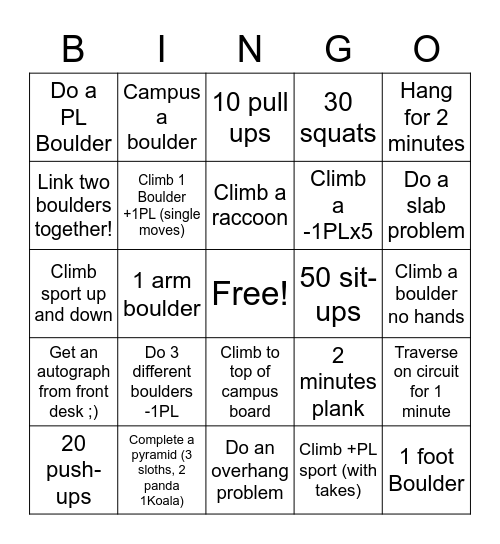 Climbing bingo PL = project level Bingo Card