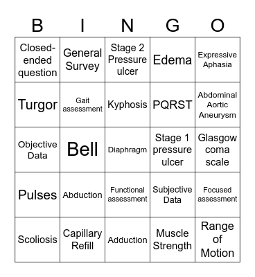 Health Assessment Bingo Card