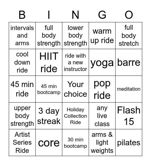 Peloton Bingo Card
