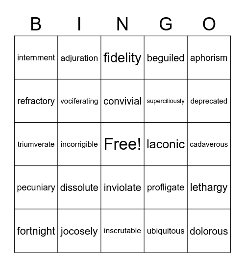 Tale of Two Cities Vocabulary 1 Bingo Card