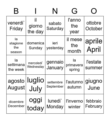 il calendario Bingo Card
