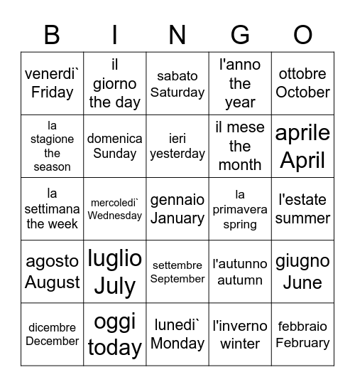 il calendario Bingo Card