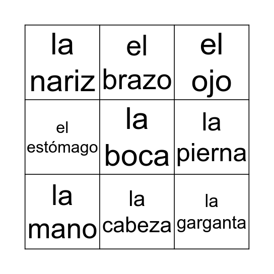 El Cuerpo Bingo Card