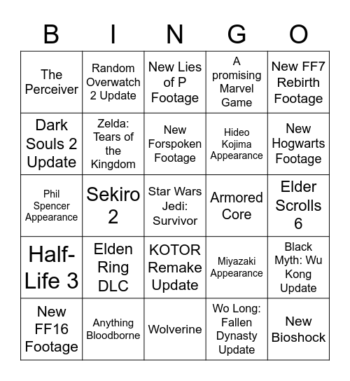 TGA 2022 Bingo Card