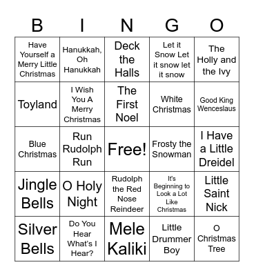 Dvorak Christmas Song Bingo Card
