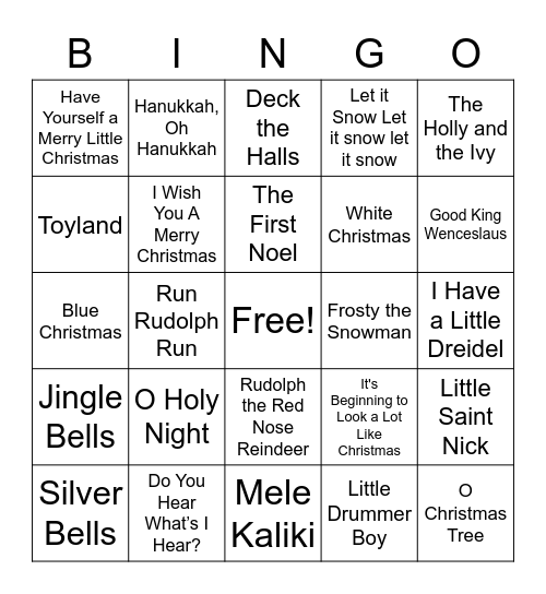 Dvorak Christmas Song Bingo Card