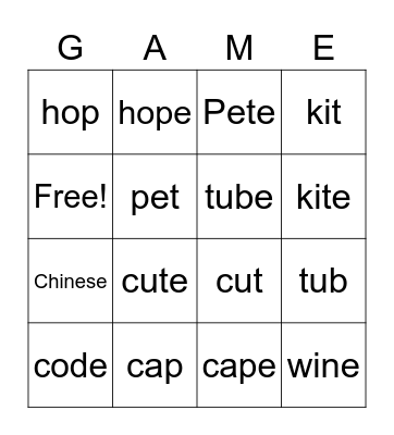 Long Vowels & Short Vowels A-U Bingo Card