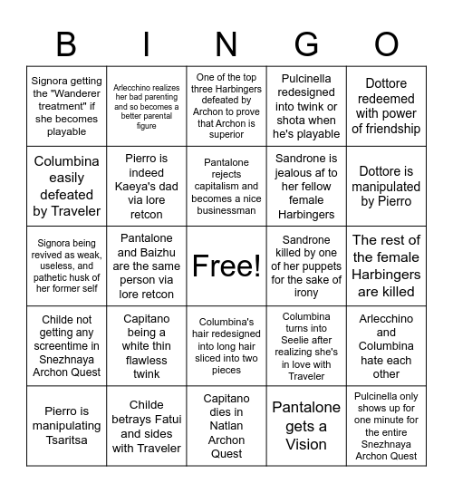 Worst Outcome of Fatui Harbingers Bingo Card