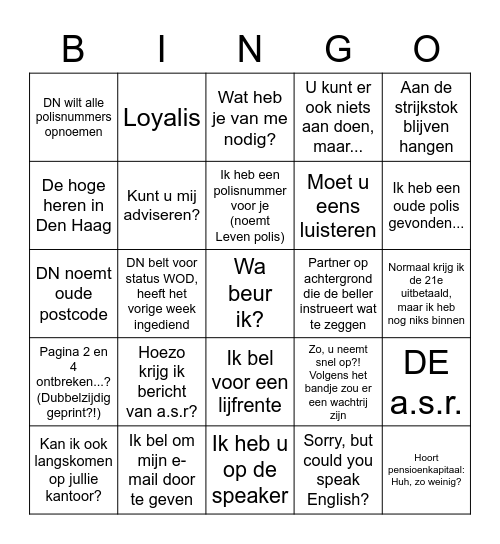 Deelnemerkaart Bingo Card