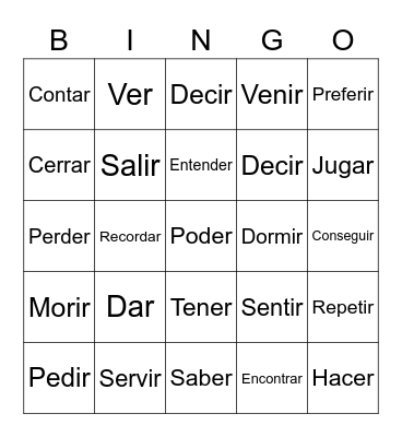 Stem-Changing and GO verbs Bingo Card