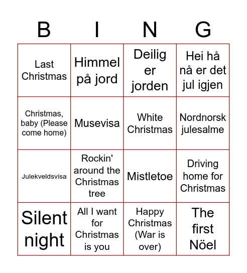 Christmas songs Bingo Card