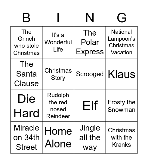 Christmas Movie Bingo Card