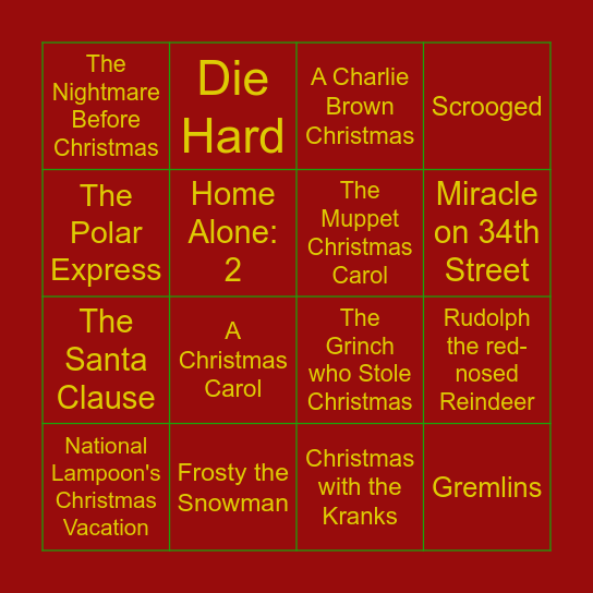 Christmas Movie Bingo Card