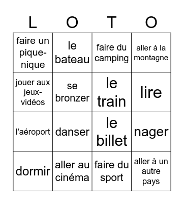 Les vacances - unité 7A Bingo Card