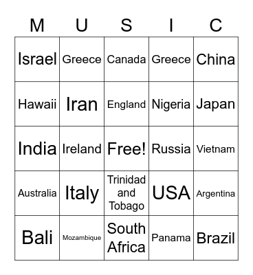 World Music Bingo Card