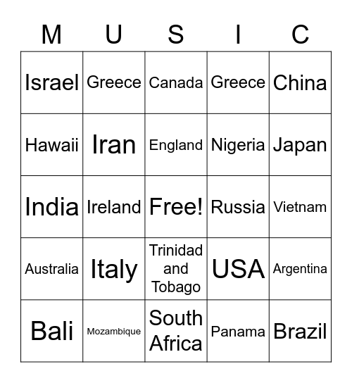 World Music Bingo Card