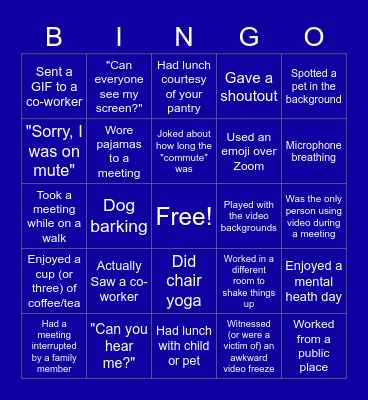 Remote Work Bingo Card