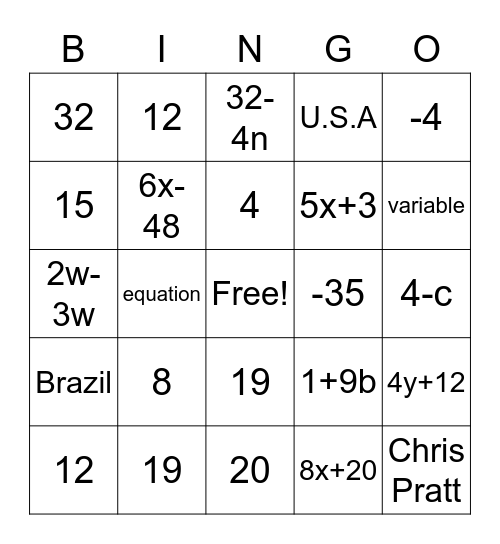 Math Bingo 12/2/22 Bingo Card
