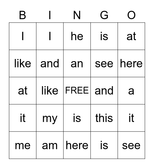 Snap Word Bingo Card