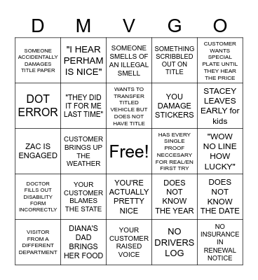 DMV BINGO Card