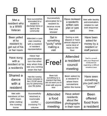 Resident Advocate Bingo Card