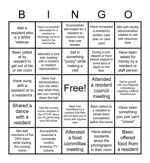 Resident Advocate Bingo Card