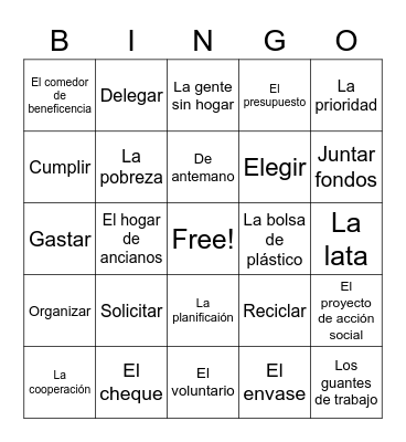 Unit 2.1 Vocabulario Bingo Card