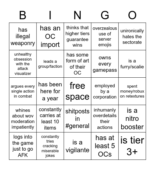 wov schizo bingo Card