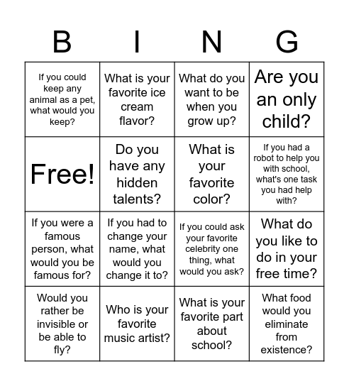 Getting to Know You! Bingo Card