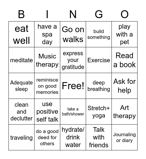 Stress Managment Bingo Card