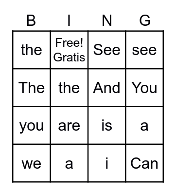 Sight words Bingo Card