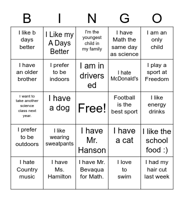 Ice breaker Bingo Card