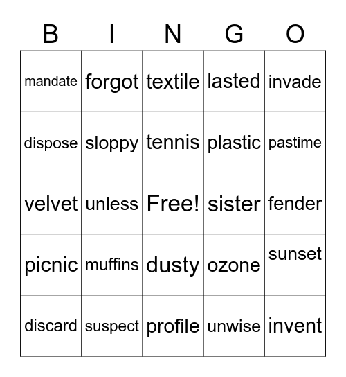 Syllable division Bingo Card