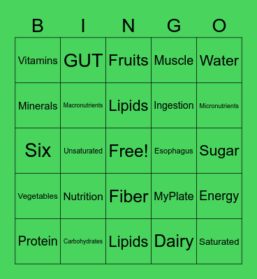 Nutrients 101 Bingo Card