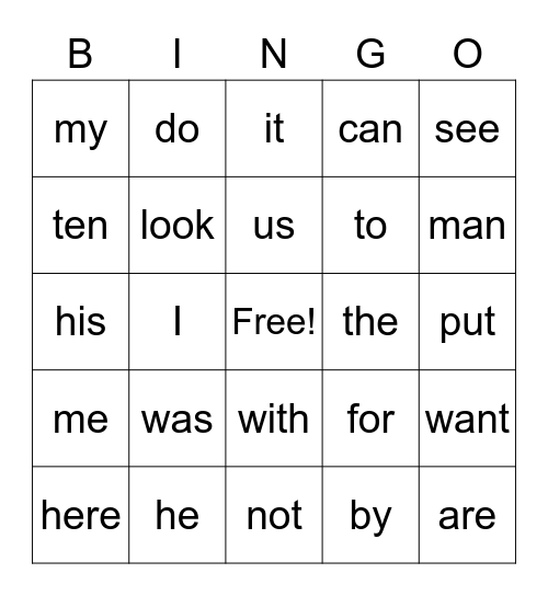 Kindergarten Sight Word Bingo Card