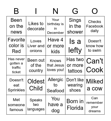 Getting to know you! Bingo Card