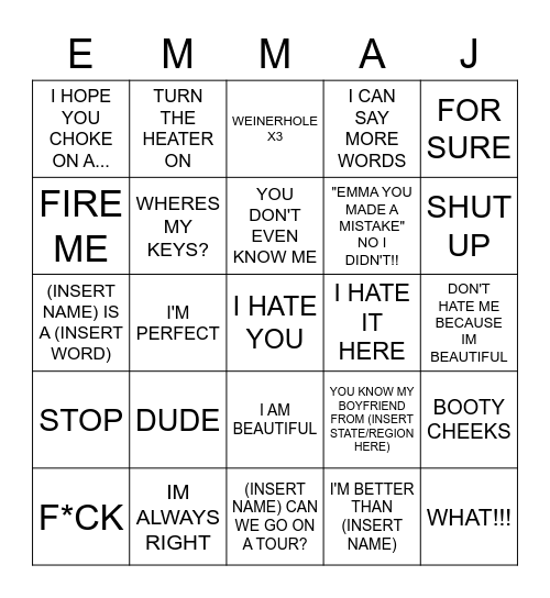 EMMA J Bingo Card