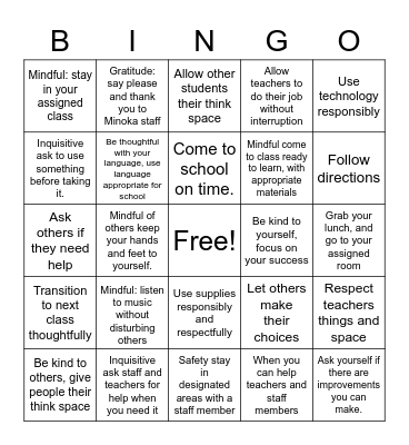 Minoka Manners Bingo Card