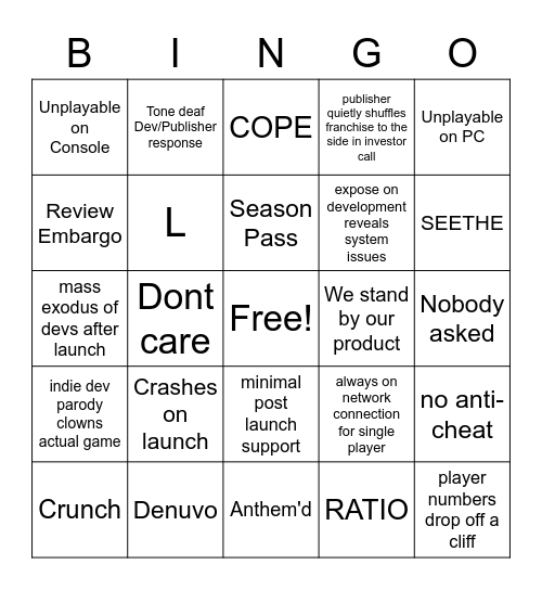 Triple A Game Disaster Bingo Card