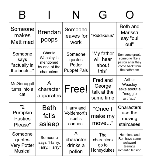 Harry Potter Bingo Card