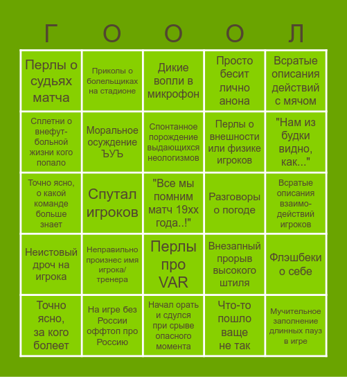 Комментаторское бинго Bingo Card