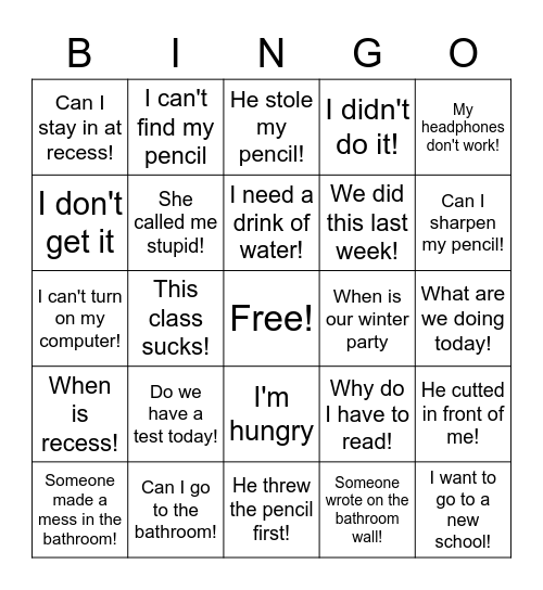 12 days Till Winter Break and my students said to me Bingo Card