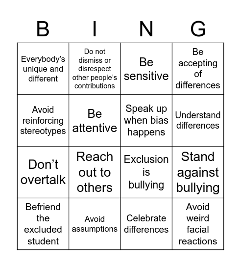 INCLUSIVENESS Bingo Card